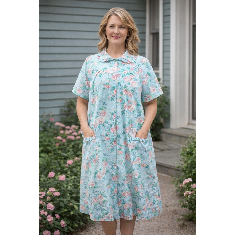 Vintage Rosa's Closet Dress Robe Womens Size M Floral Nightgown Loungewear Green